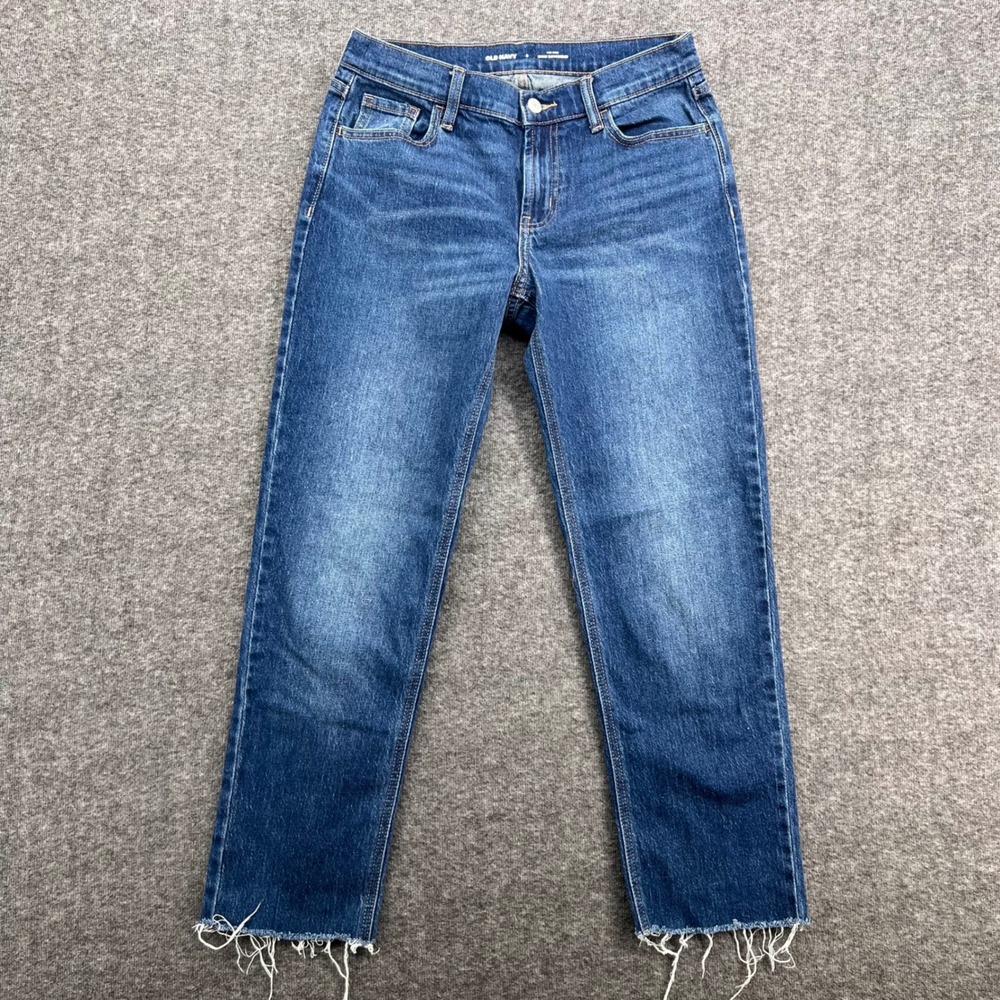 Old‎ Navy Wow Boyfriend Mid-Rise Straight Leg Raw Hem Jeans Medium Wash Womens 2